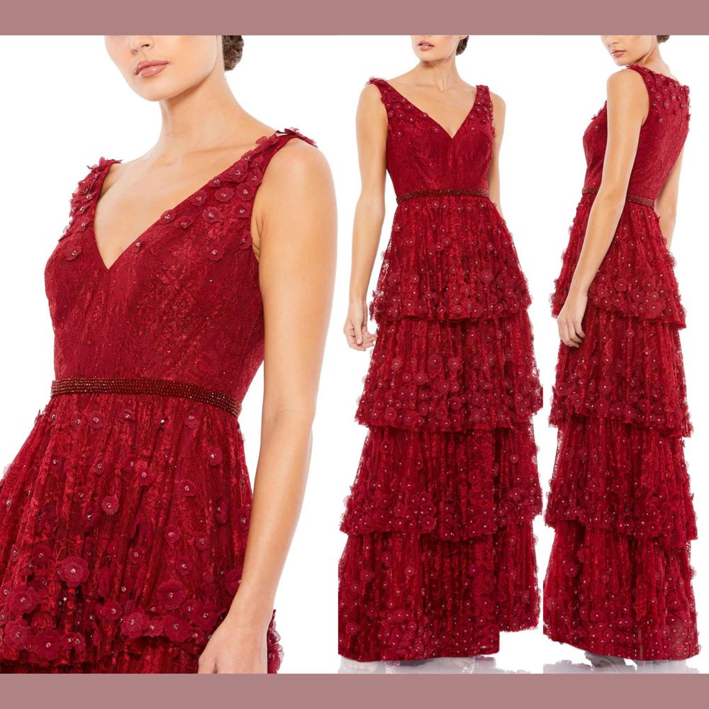 Nwt $698 Mac Duggal [ 2 ] 67710 Floral Applique Ruffle Tier V Neck Gown Red
